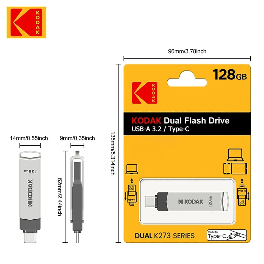 KODAK USB3.2 Type C Flash Drive 256GB 128GB 32GB Pendrive High Speed Dual Memory Stick For Smartphone Laptop