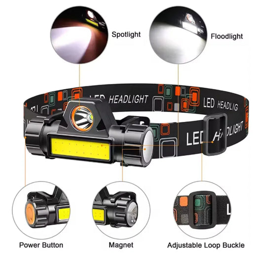 Super Bright Rechargeable COB LED Headlamp Magnetic USB Head Torch Outdoor Camping Hiking Fishing Long Battery Life Waterproof