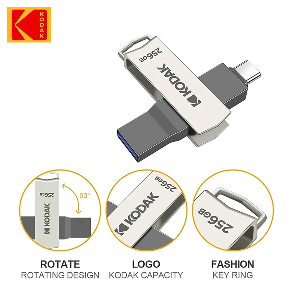 KODAK USB3.2 Type C Flash Drive 256GB 128GB 32GB Pendrive High Speed Dual Memory Stick For Smartphone Laptop