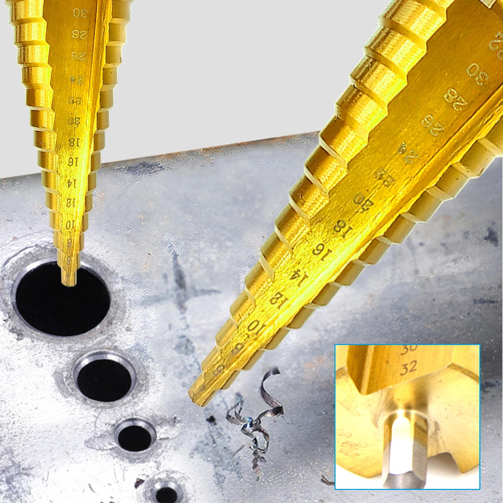Step Drill Titanium Plated Hexagonal Shank Straight Groove 3-12/4-12/4-20/4-32mm Pagoda Drill Drilling Tool Accessory Set
