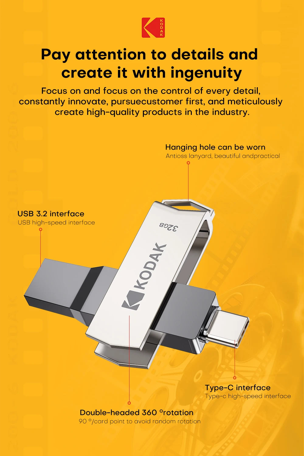 KODAK USB3.2 Type C Flash Drive 256GB 128GB 32GB Pendrive High Speed Dual Memory Stick For Smartphone Laptop