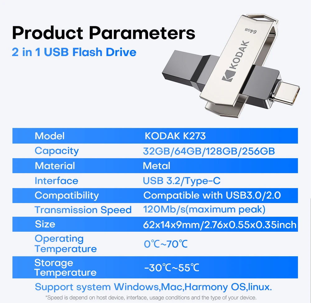 KODAK USB3.2 Type C Flash Drive 256GB 128GB 32GB Pendrive High Speed Dual Memory Stick For Smartphone Laptop