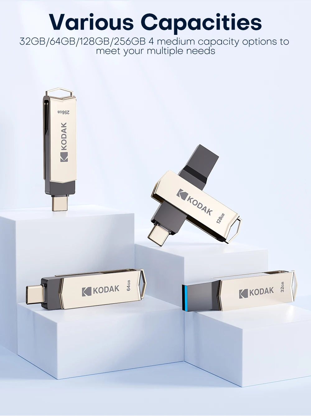 KODAK USB3.2 Type C Flash Drive 256GB 128GB 32GB Pendrive High Speed Dual Memory Stick For Smartphone Laptop