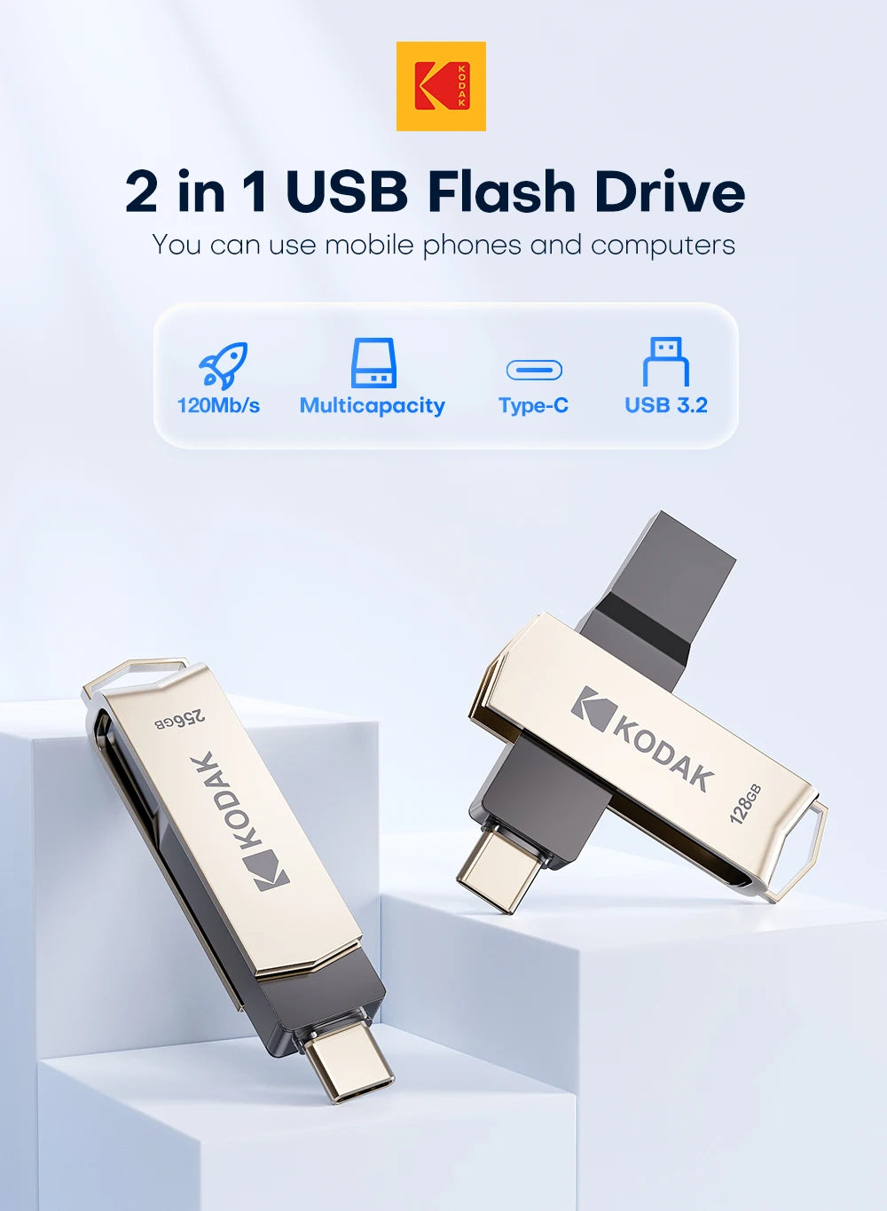 KODAK USB3.2 Type C Flash Drive 256GB 128GB 32GB Pendrive High Speed Dual Memory Stick For Smartphone Laptop