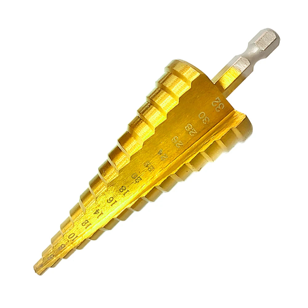 Step Drill Titanium Plated Hexagonal Shank Straight Groove 3-12/4-12/4-20/4-32mm Pagoda Drill Drilling Tool Accessory Set